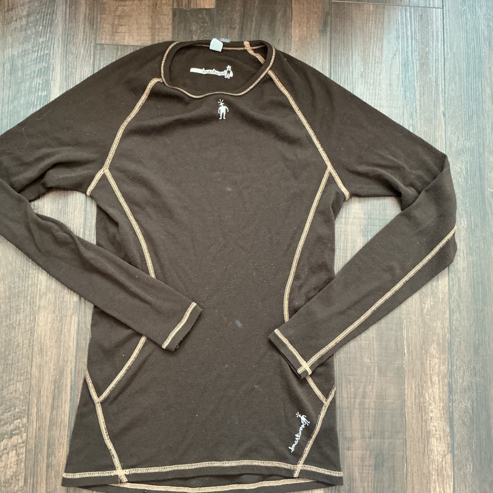 Smartwool Merino Wool Base Layer Top Brown Contrast Stitch Large Hiking Skiing